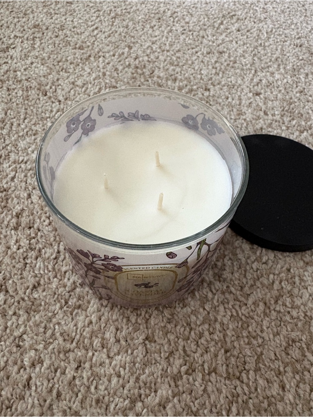 Three-Wick White Decorative Candle with Floral Glass Jar